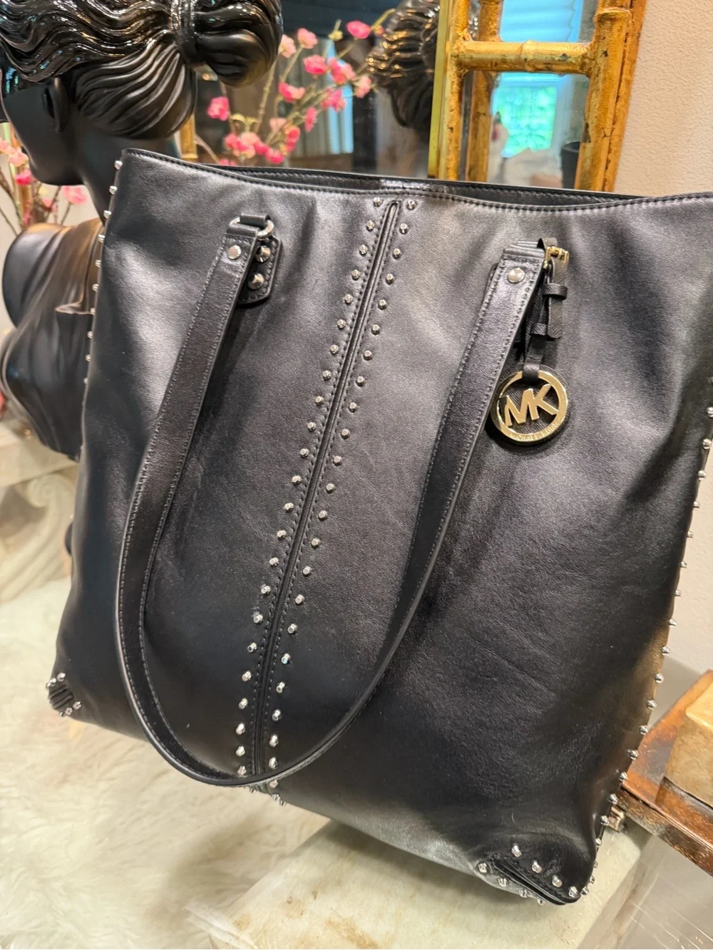 Michael Kors Black Leather Studded Chic Top Handle Tote NWOT